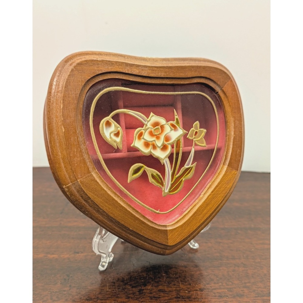 Vintage 1970s Mele Wooden Jewelry Box Floral Glass Lid Red Velvet Heart Taiwan